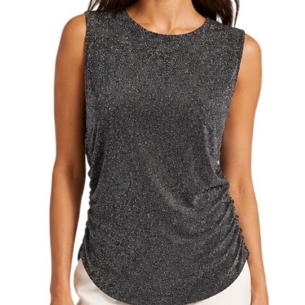 RM Rebecca Minkoff Ruched Tank Top Black Metallic Knit Preppy Quiet Luxury Sz M